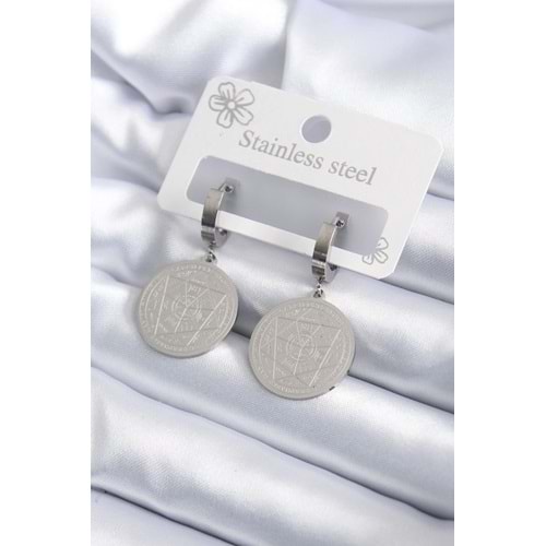 316L Çelik Gümüş Renk Pentagram İşleme Model Kadın Küpe