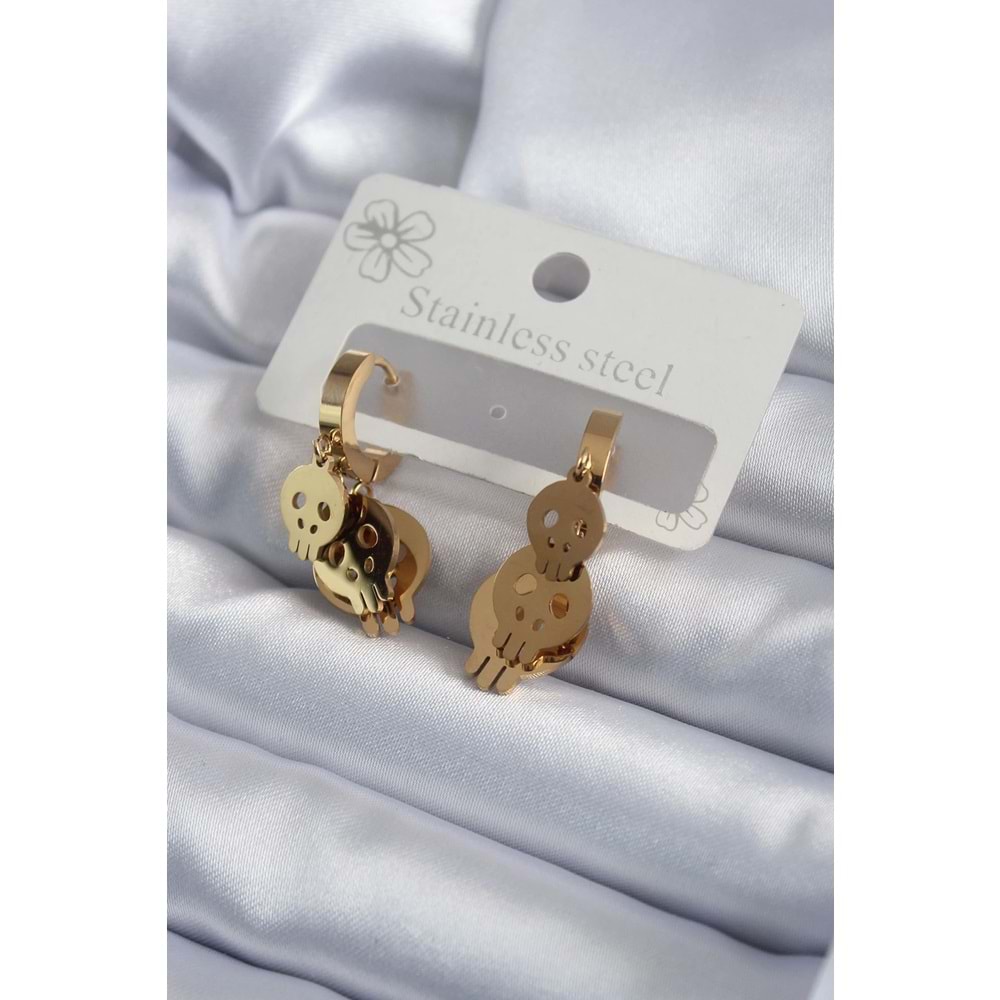 316L Çelik Gold Renk Sallantı Kuru Kafa Model Kadın Küpe