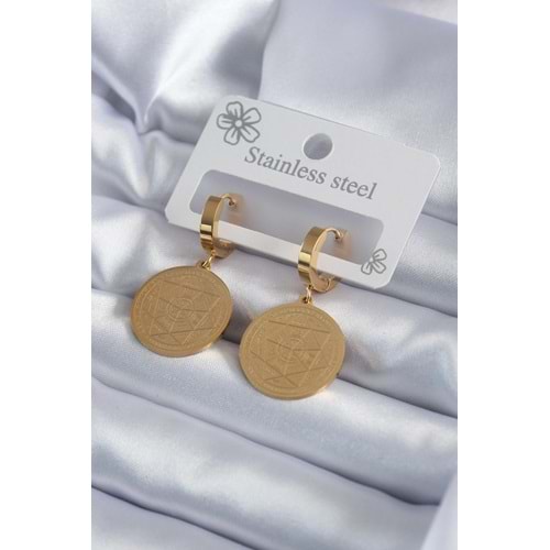 316L Çelik Gold Renk Pentagram İşleme Model Kadın Küpe