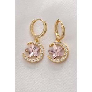 Pirinç Gold Renk Pembe Zirkon Taşlı Yıldız Detay Ay Küpe