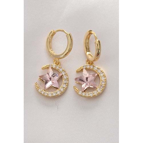 Pirinç Gold Renk Pembe Zirkon Taşlı Yıldız Detay Ay Küpe