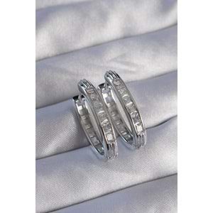 Pirinç Gümüş Renk Zirkon Taşlı Oval Model Küpe