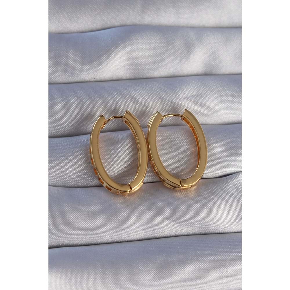 Pirinç Gold Renk Zirkon Taşlı Oval Model Küpe