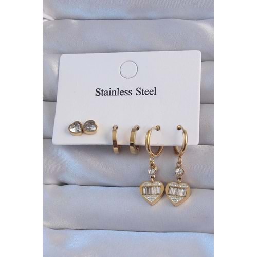 316L Çelik Gold Renk Zirkon Taşlı Kalp Model Halka Küpe Seti