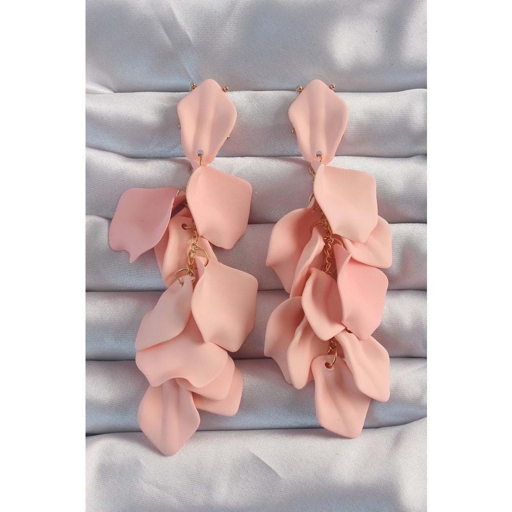Pirinç Pudra Renk Sallantılı Yaprak Model Küpe