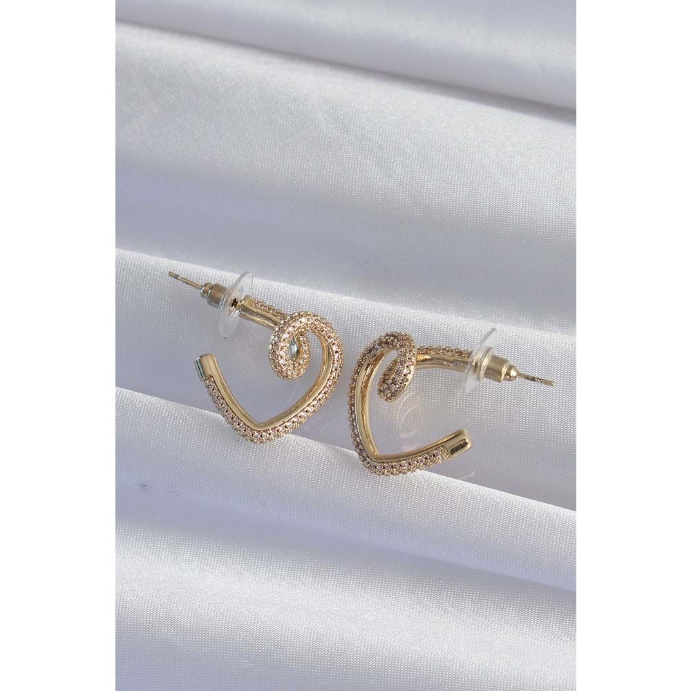 Pirinç Gold Renk Zirkon Taşlı Kıvrımlı Yarım Kalp Küpe