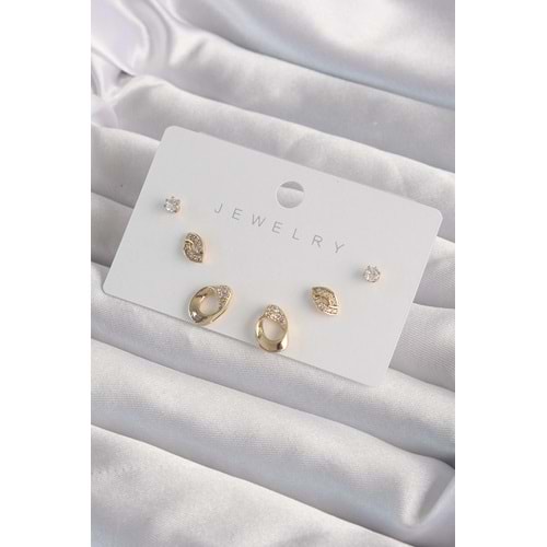Pirinç Gold Renk Zirkon Taşlı Yaprak Model Küpe Seti