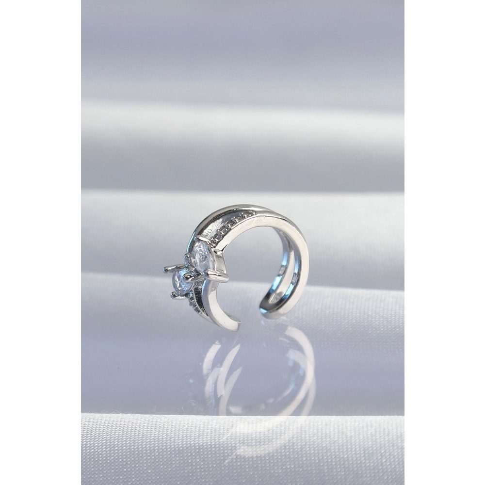 Pirinç Gümüş Renk Zirkon Taşlı Damla Earcuff Küpe