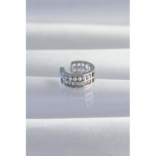 Pirinç Gümüş Renk İncili Baget Taşlı Earcuff Küpe