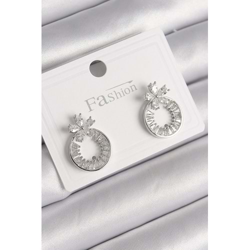 Pirinç Gümüş Renk Zirkon Taşlı Halka Model Çiçek Figür Kadın Küpe