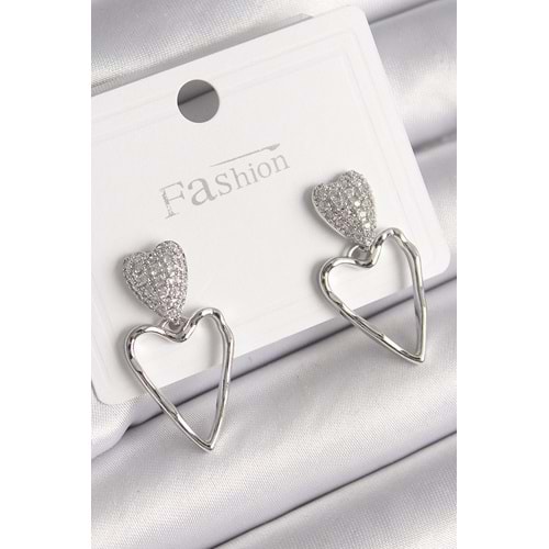 Pirinç Gümüş Renk Zirkon Taşlı Kalp Model Kadın Küpe