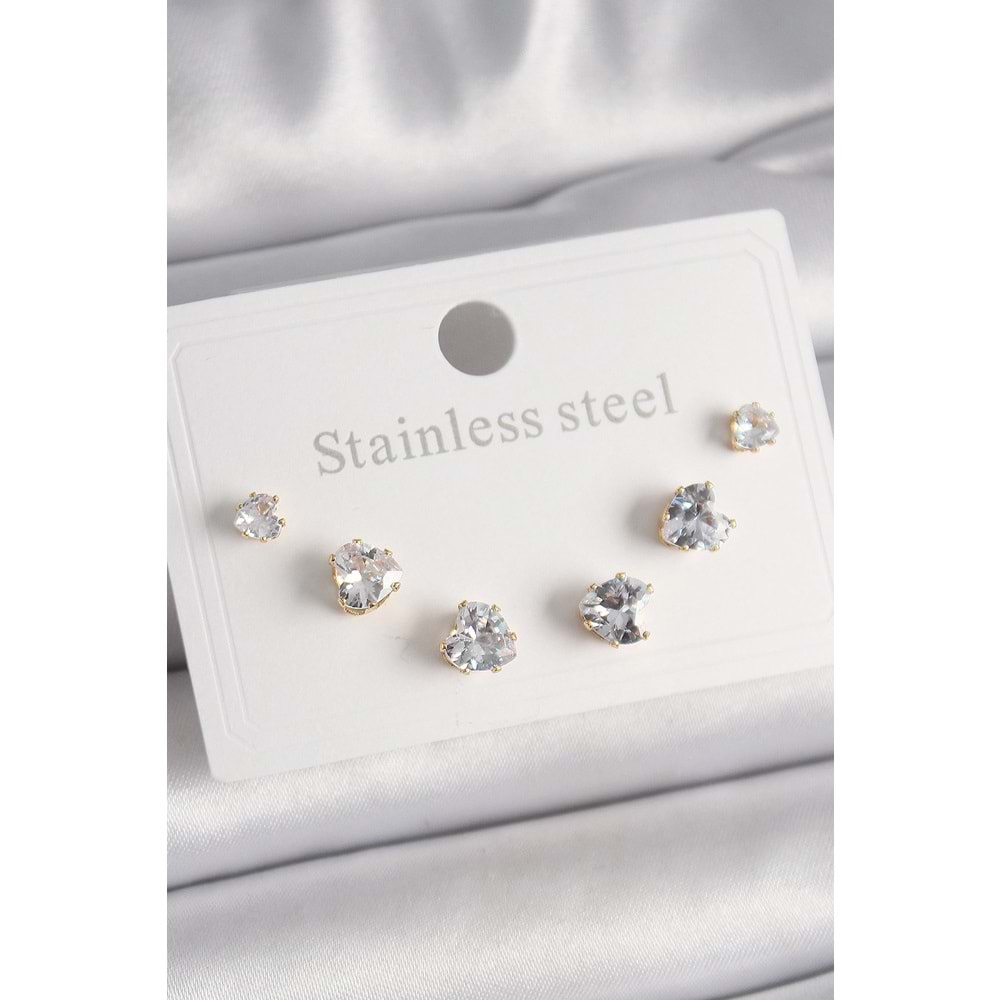 316L Çelik Gold Renk Zirkon Taşlı Kalp Model Kadın Küpe Seti