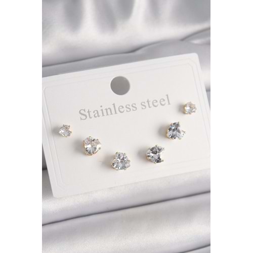 316L Çelik Gold Renk Zirkon Taşlı Kalp Model Kadın Küpe Seti