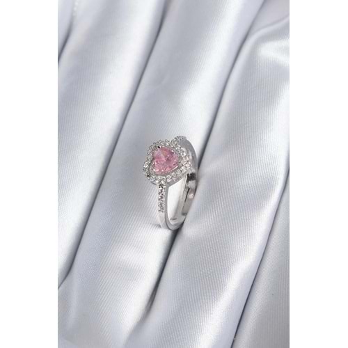 Pirinç Gümüş Renk Pembe Zirkon Taş Kalp Charm Model Kadın Yüzük