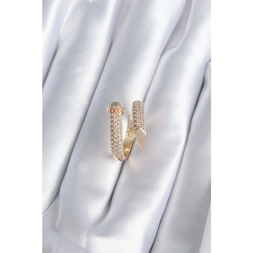 Pirinç Gold Renk Çivi Model Zirkon Taşlı Kadın Yüzük