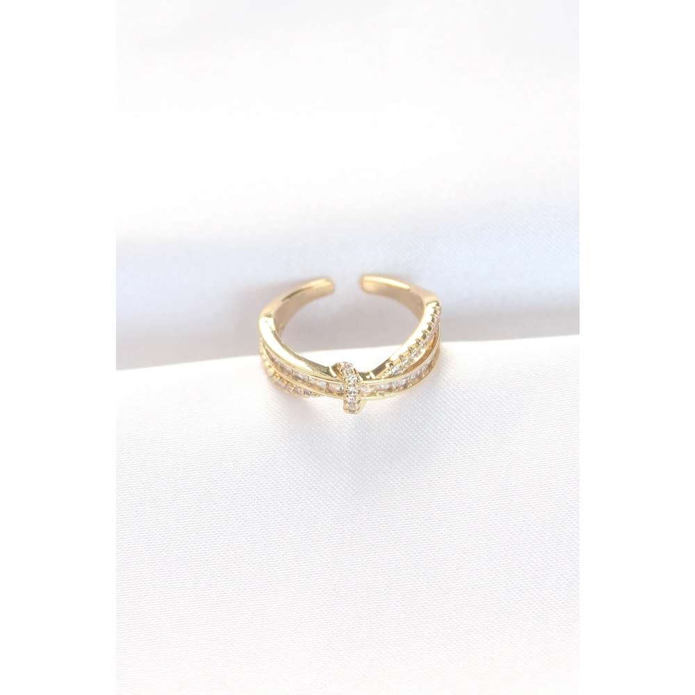 Kıvrım Model Gold Renk Zirkon Taşlı Ayarlanabilir Yüzük