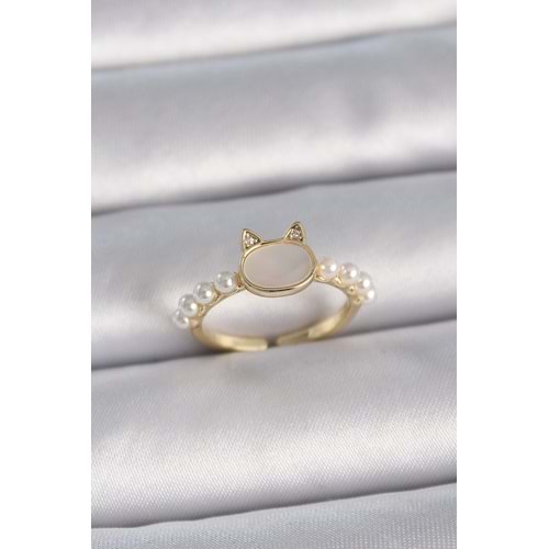 Pirinç Gold Renk Ayarlanabilir Beyaz Mineli Kedi Model İnci Detay Kadın Yüzük