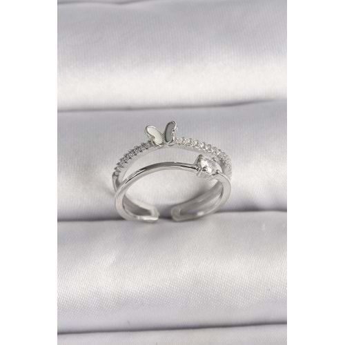 Pirinç Gümüş Renk Zirkon Taşlı Kelebek Figürlü Ayarlanabilir Yüzük