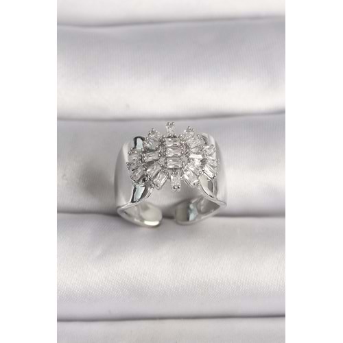 Pirinç Gümüş Renk Ayarlanabilir Baget Zirkon Taş Model Kadın Yüzük