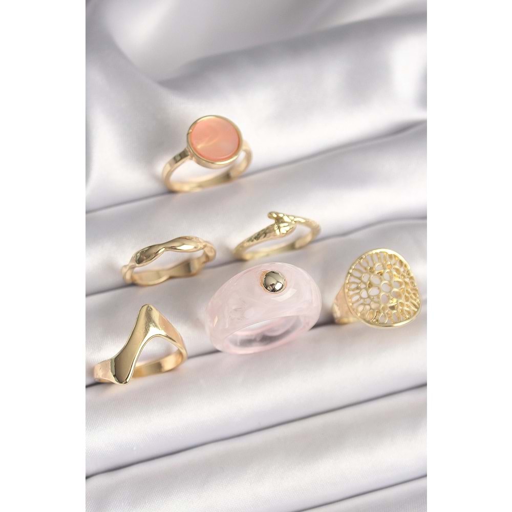 Pirinç Gold Renk Pembe Plastik Yüzük Model Daire Pembe Mine Yılan Detay 6'Lı Kadın Yüzük Seti