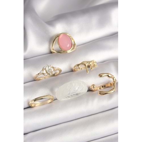 Pirinç Gold Renk Zirkon Taş Detaylı Pembe Mineli 6'Lı Kadın Yüzük Seti