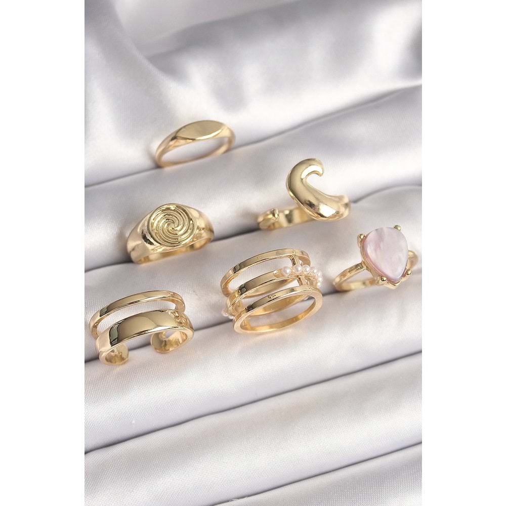 Pirinç Gold Renk Pembe Damla Mineli Sarmal İşleme Detaylı 6'Lı Kadın Yüzük Seti