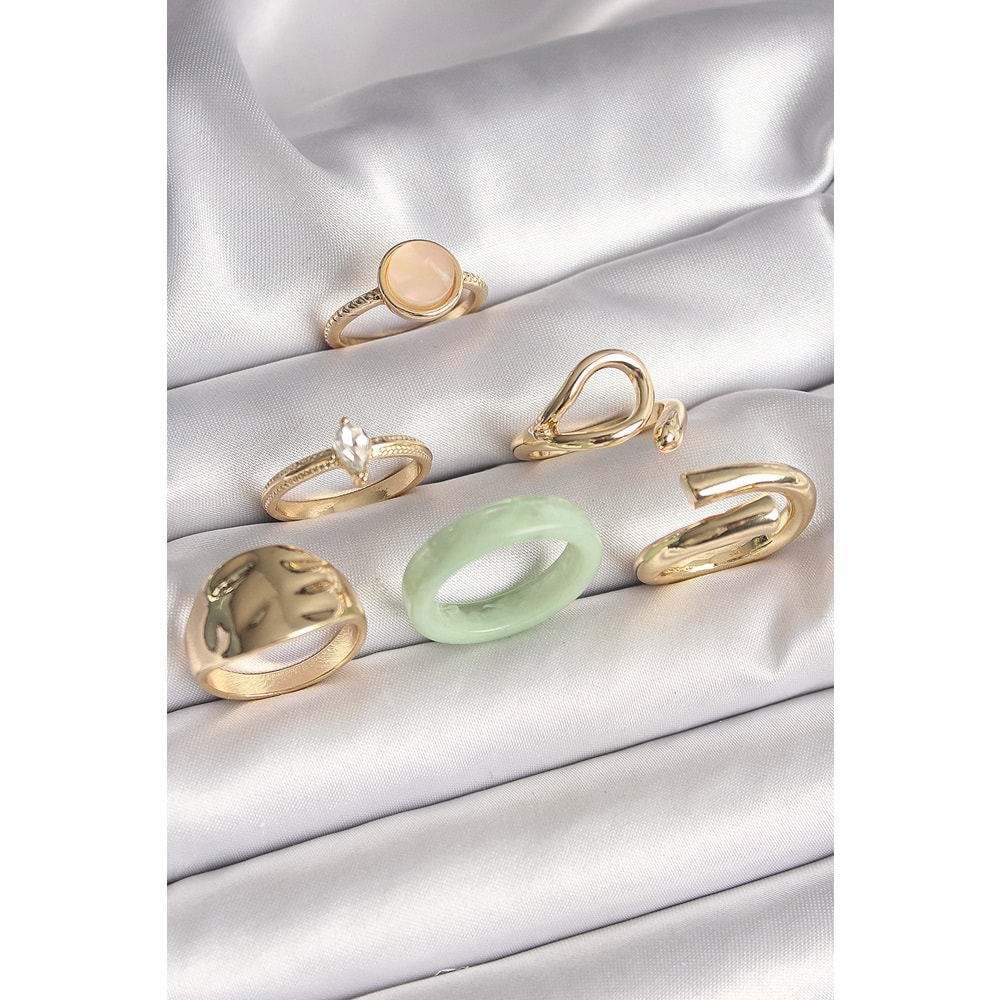 Pirinç Gold Renk Zirkon Taşlı Daire Pembe Mineli Detay 6'Lı Kadın Yüzük Seti