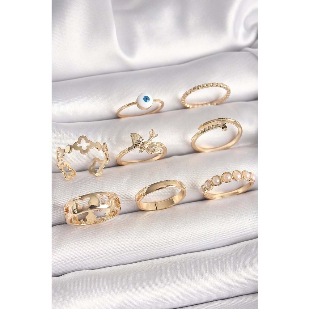 Pirinç Gold Renk Nazar Boncuk Model Kuş Detay Kadın Yüzük Kombini