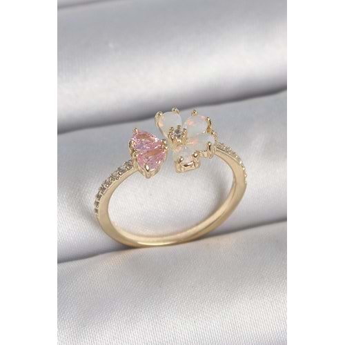 Pirinç Gold Renk Beyaz Mineli Pembe Zirkon Taşlı Çiçek Model Kadın Yüzük