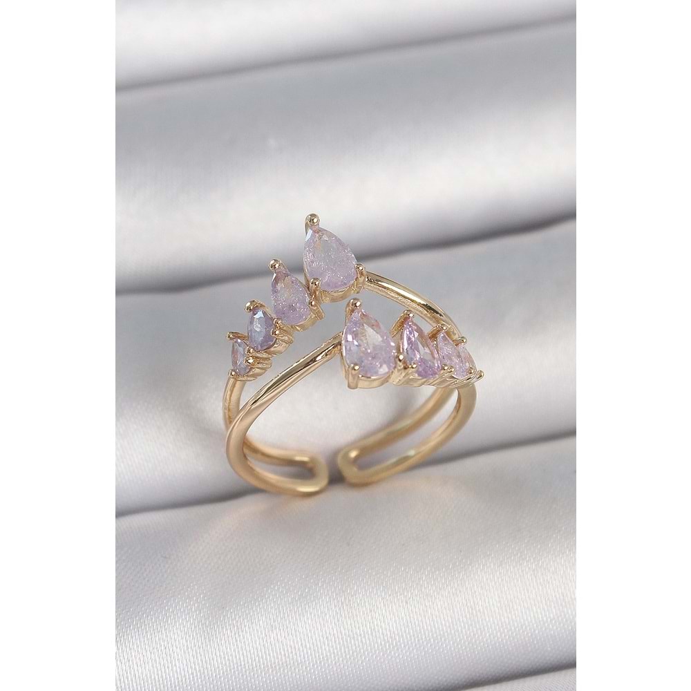 Pirinç Gold Renk Mor Damla Zirkon Taşlı Taç Model Kadın Yüzük