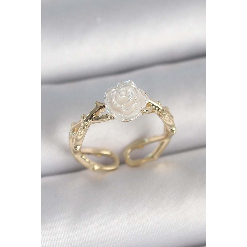 Pirinç Gold Renk Beyaz Gül Model Ayarlanabilir Kadın Yüzük