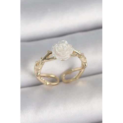 Pirinç Gold Renk Beyaz Gül Model Ayarlanabilir Kadın Yüzük