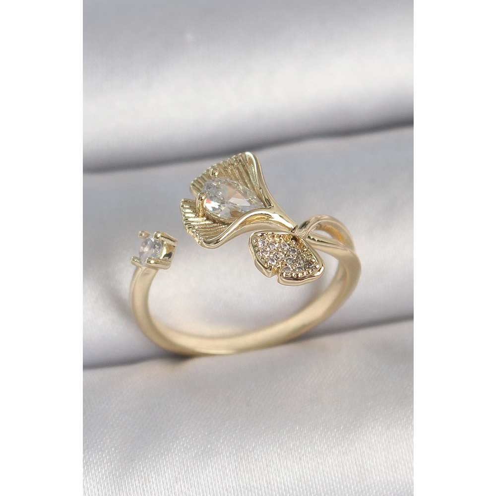 Pirinç Gold Renk Zirkon Taşlı Deniz Kabuğu Model Ayarlanabilir Kadın Yüzük