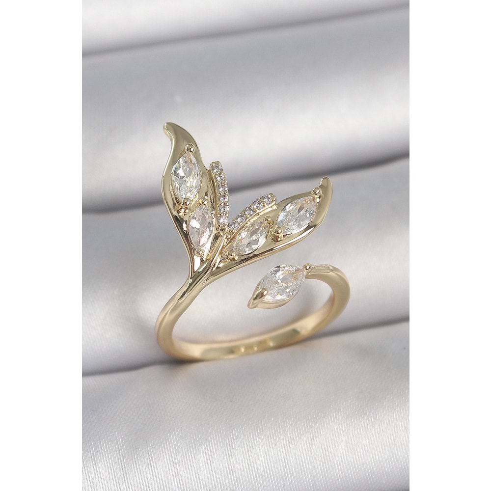 Pirinç Gold Renk Zirkon Taşlı Balık Kuyruğu Model Ayarlanabilir Model Kadın Yüzük