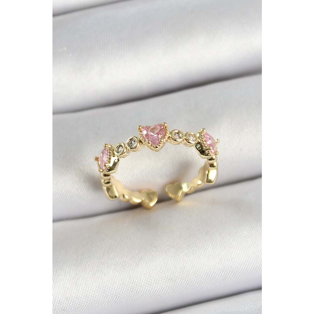 Pirinç Sıralı Kalp Figürlü Zirkon Taşlı Gold Renk Ayarlanabilir Kadın Yüzük
