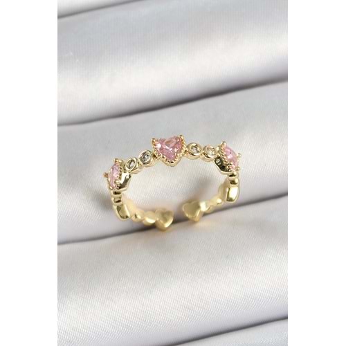 Pirinç Sıralı Kalp Figürlü Zirkon Taşlı Gold Renk Ayarlanabilir Kadın Yüzük