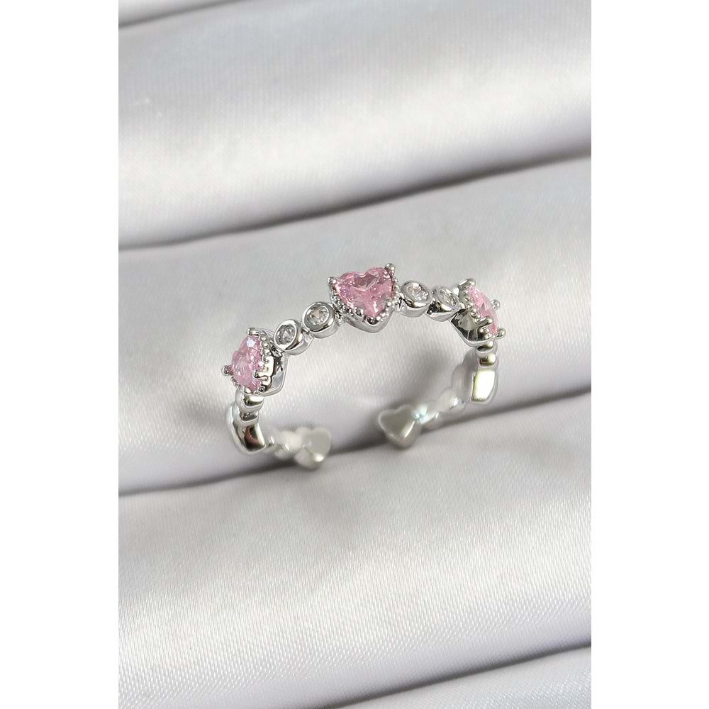 Pirinç Sıralı Kalp Figürlü Zirkon Taşlı Gümüş Renk Ayarlanabilir Kadın Yüzük