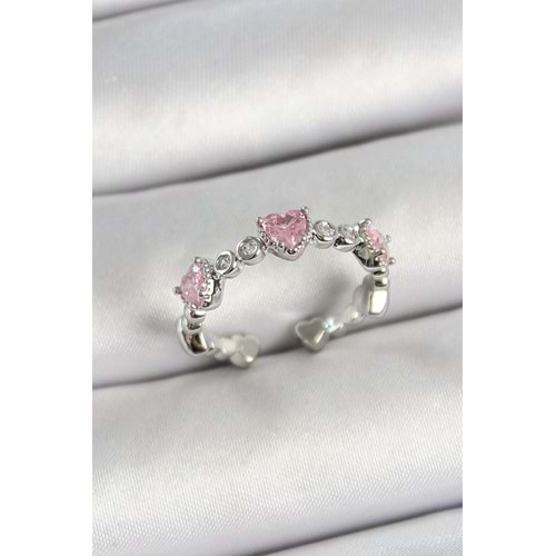 Pirinç Sıralı Kalp Figürlü Zirkon Taşlı Gümüş Renk Ayarlanabilir Kadın Yüzük