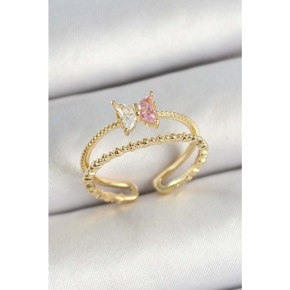 Pirinç Kelebek Figürlü Zirkon Taşlı Gold Renk Ayarlanabilir Kadın Yüzük