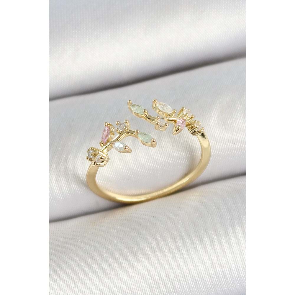 Pirinç Yaprak Figürlü Zirkon Taşlı Gold Renk Ayarlanabilir Kadın Yüzük