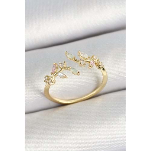 Pirinç Yaprak Figürlü Zirkon Taşlı Gold Renk Ayarlanabilir Kadın Yüzük