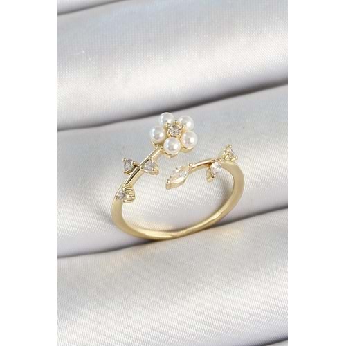 Pirinç İnci Detaylı Papatya Figürlü Zirkon Taşlı Gold Renk Ayarlanabilir Kadın Yüzük