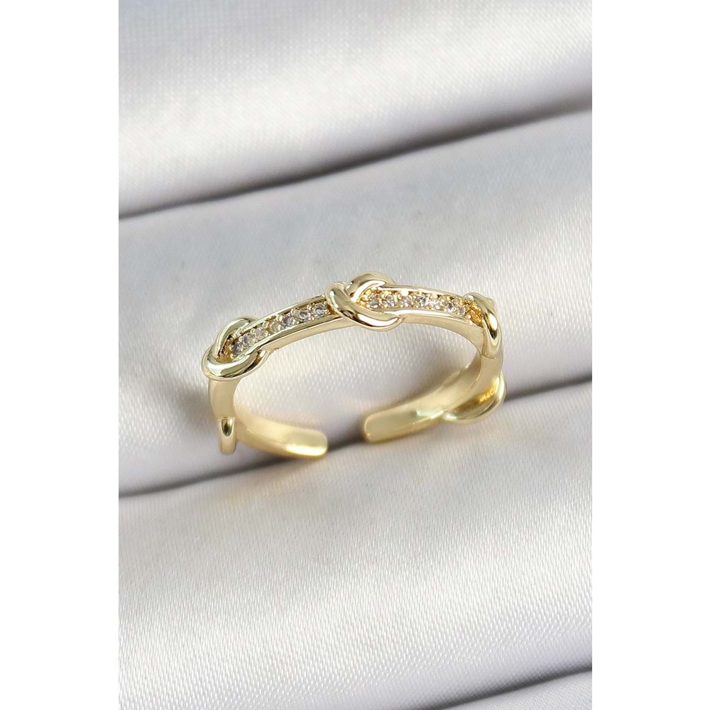 Pirinç Düğüm Figürlü Zirkon Taşlı Gold Renk Ayarlanabilir Kadın Yüzük