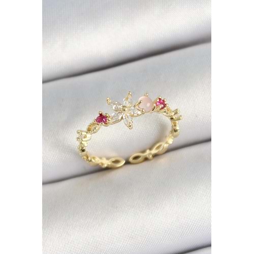 Pirinç Papatya Figürlü Zirkon Taşlı Gold Renk Ayarlanabilir Kadın Yüzük