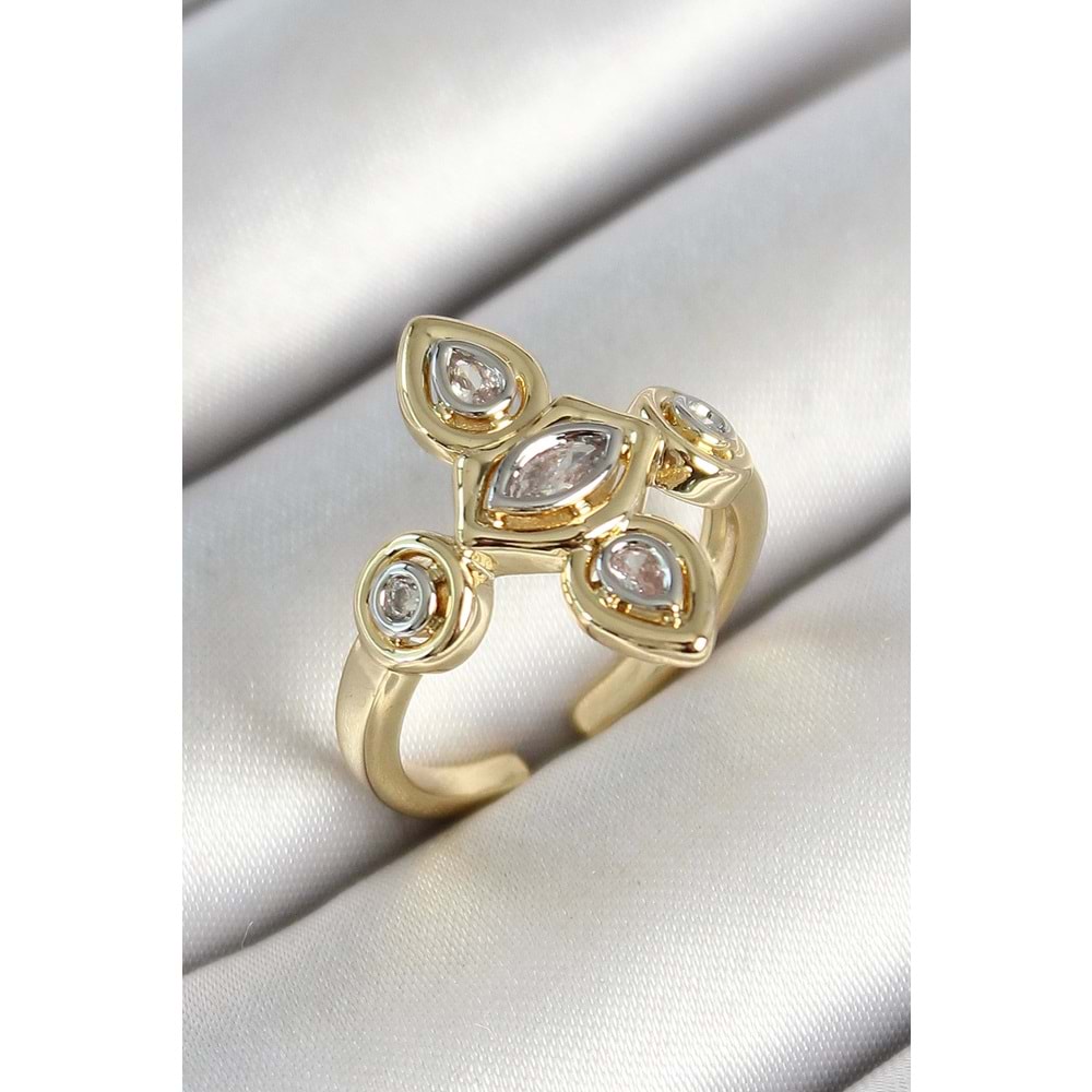 Pirinç Beş Taş Trend Figür Zirkon Taşlı Gold Renk Ayarlanabilir Kadın Yüzük