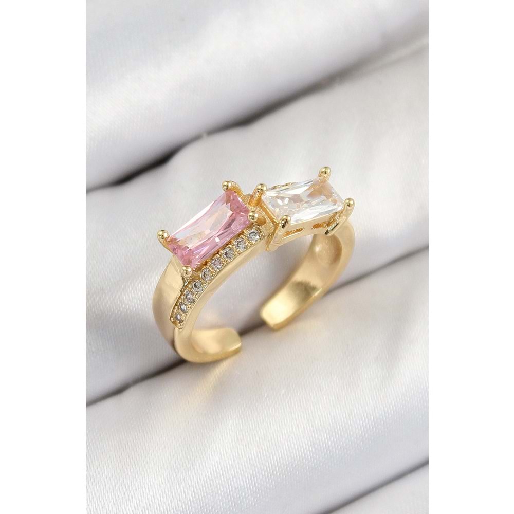 Pirinç Zirkon Taşlı Dikdörtgen Model Gold Renk Kadın Yüzük