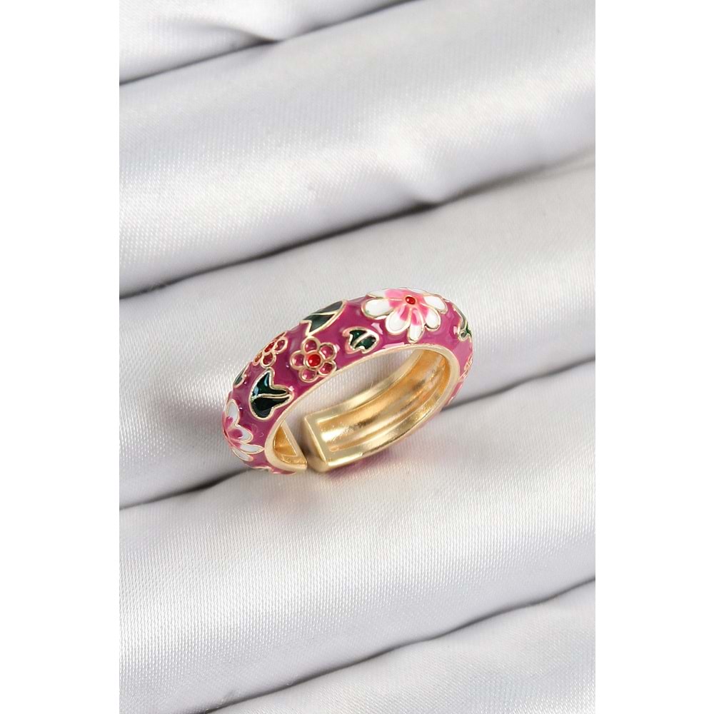 Pirinç Fuşya Mineli Çiçek Motifli Gold Renk Ayarlanabilir Kadın Yüzük