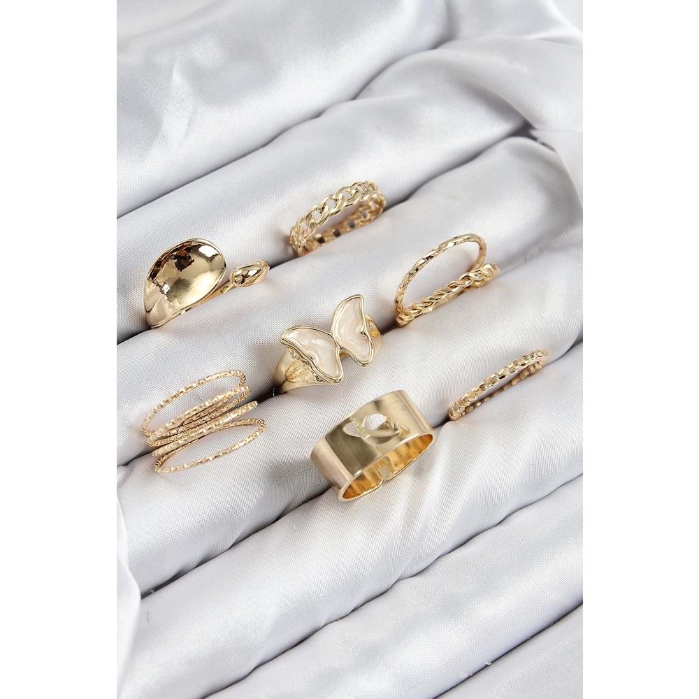 Pirinç Kelebek Model Gold Renk Kadın Yüzük Kombin Set