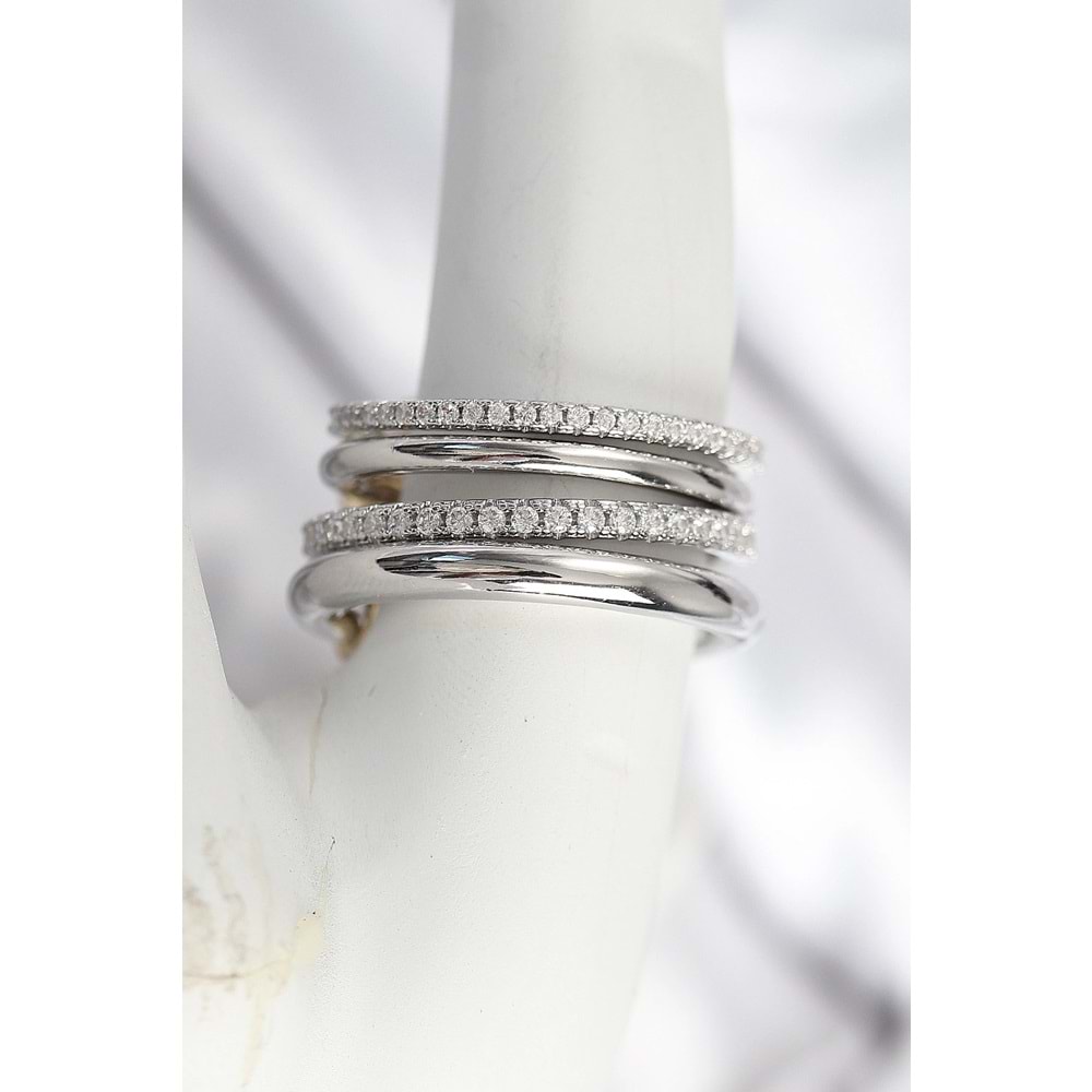 Pirinç Gümüş Renk Zirkon Taşlı 4'Lü Kadın Yüzük