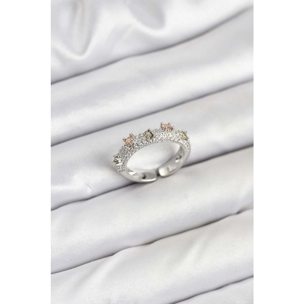 Pirinç Gümüş Renk Zirkon Taşlı Vintage Kadın Yüzük